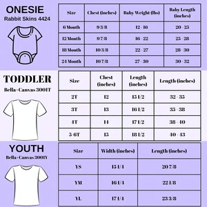 a collection of size and age-specific clothing items for different age groups, including a rabbit skin t-shirt, toddler t-shirts, and youth t-shirts.