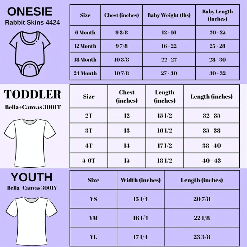 a collection of size and age-specific clothing items for different age groups, including a rabbit skin t-shirt, toddler t-shirts, and youth t-shirts.
