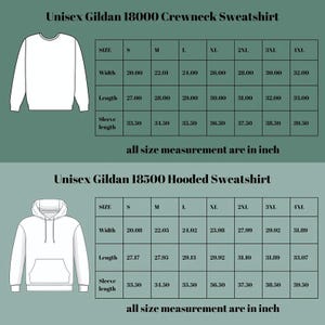two different crew neck sweatshirts, one in a size S and the other in a size M. The sweatshirts are labeled with their respective measurements, including width, length, sleeve length, and all size measurement.
