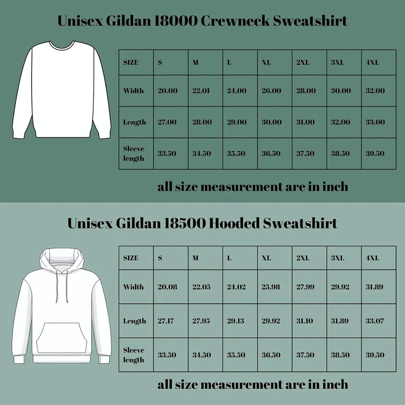 two different crew neck sweatshirts, one in a size S and the other in a size M. The sweatshirts are labeled with their respective measurements, including width, length, sleeve length, and all size measurement.