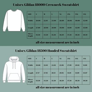 two different crew neck sweatshirts, one in a size S and the other in a size M. The sweatshirts are labeled with their respective measurements, including width, length, sleeve length, and all size measurement.