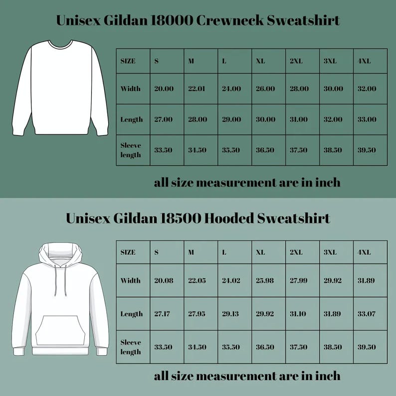 two different crew neck sweatshirts, one in a size S and the other in a size M. The sweatshirts are labeled with their respective measurements, including width, length, sleeve length, and all size measurement.
