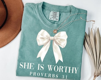 She is Worthy Bow  File, Women's Christian Shirts, Cute Christian Coquette Designs, Girly Faith Shirt Ideas, Trendy Christian Shirt Ideas