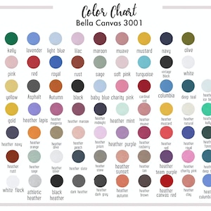 The image is a color chart for the canvas material, specifically for the color Bella Canvas 3001. It displays a grid of various colors, including shades of green, blue, pink, red, and more, arranged in a visually appealing manner.