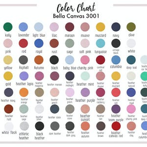 The image is a color chart for the canvas material, specifically for the color Bella Canvas 3001. It displays a grid of various colors, including shades of green, blue, pink, red, and more, arranged in a visually appealing manner.