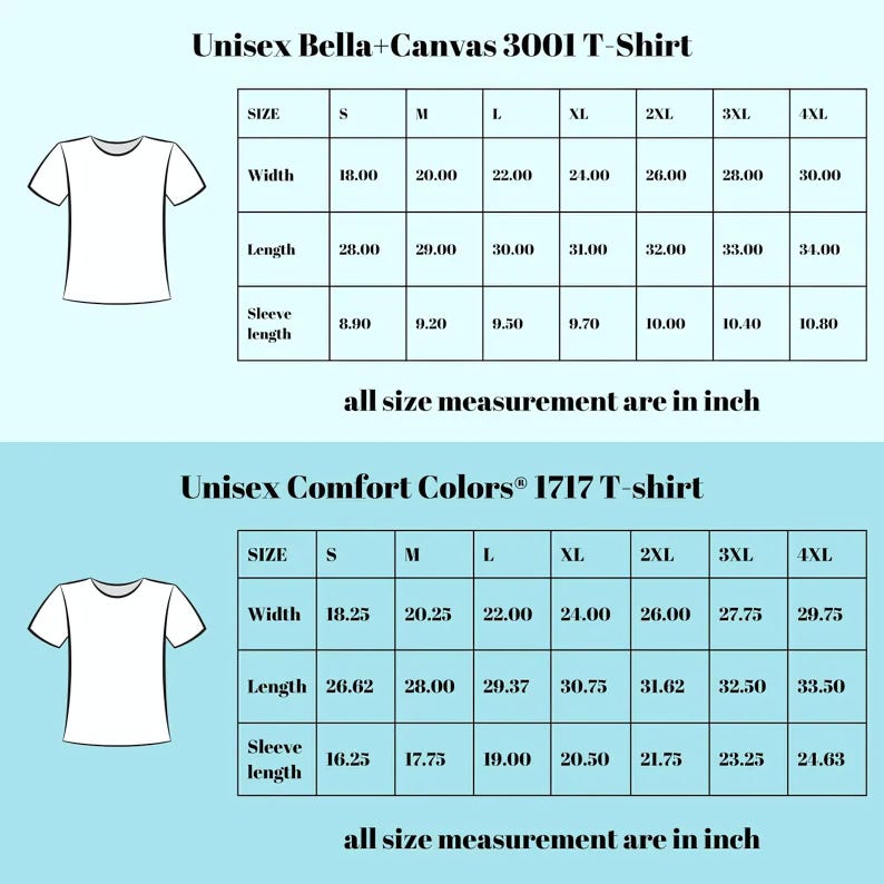 a collection of t-shirt sizes and measurements, including a canvas t-shirt and a comfort t-shirt. The sizes are labeled in inches, and the measurements are provided in both width and length. The image does not contain any text that is less than 500 characters, and all size measurements are in inches.