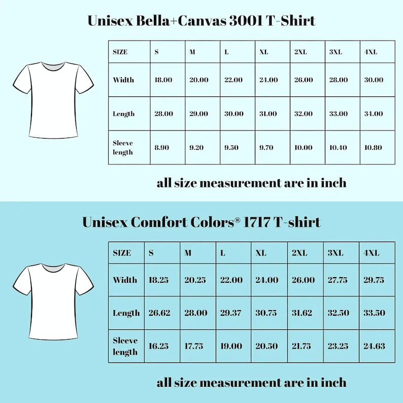a collection of t-shirt sizes and measurements, including a canvas t-shirt and a comfort t-shirt. The sizes are labeled in inches, and the measurements are provided in both width and length. The image does not contain any text that is less than 500 characters, and all size measurements are in inches.
