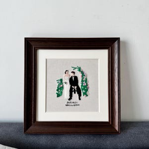 May include: Embroidered artwork in a dark brown frame. The image shows a couple in wedding attire under a floral arch. The date "2025.06.21" and names "Marcus & Kim" are embroidered below the couple.