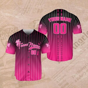 Custom Pink Ribbon Pinstripe Baseball Jersey – Breast Cancer Awareness, Personalized Team Name & Number