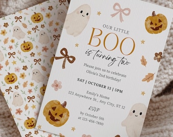 Neutral Halloween Birthday Invitation, Little Boo is Turning Two, Beige Ghost Pumpkin Invite, Fall Baby Girl Birthday Editable Template