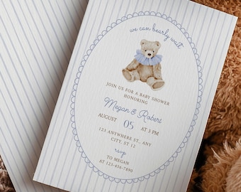 Vintage Bearly Wait Baby Shower Invitation, Blue Teddy Bear Baby Shower Invite, Neutral Stripe Printable Template