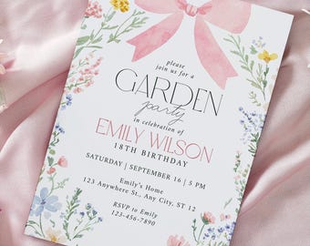 Invito per festa in giardino con fiori selvatici, modello di invito con fiocco rosa, invito floreale per il 18° compleanno di una ragazza su Canva, biglietto d'invito modificabile per la festa primaverile ed estiva