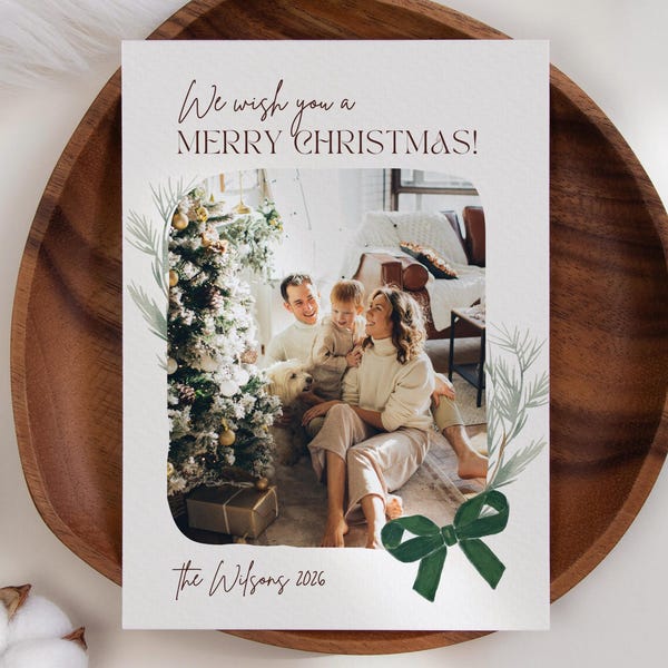 Merry Christmas Card Template, Family Photo Holiday Card, Editable Canva Xmas Greeting, Green Bow Christmas Photo Card Printable