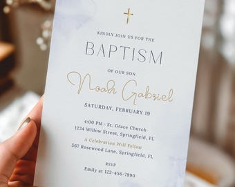 Baptism Invitation Template, Elegant Boy Christening Invite, Minimal Blue Baptism Card, Modern Religious Invitation, Editable Canva Template