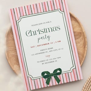 May include: A festive Christmas party invitation with a pink and red striped design. The invitation has a white central panel with the words "Christmas party" in script. Details include date, time, and RSVP information. A green bow is at the bottom.