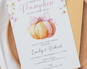 Little Pumpkin Baby Shower Girl Invitation, Pink Bow Fall Baby Shower Invite, Editable Floral Pumpkin Template, Autumn Baby Shower Canva