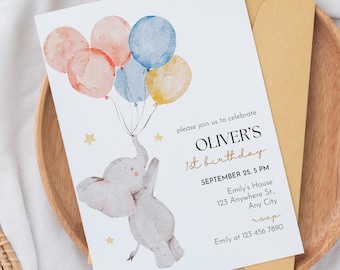 Elephant Birthday Invitation Template, Whimsical Baby Boy Invite, Watercolor Balloon Theme, First Birthday Party Printable