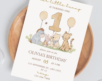 Winnie the Pooh 1st Birthday Invitation, Our Little Hunny Birthday Party Invite, Editable Canva Template, Classic Pooh Baby Birthday
