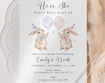 He or She Gender Reveal Invitation, Bunny Balloon Theme, Pink Blue Neutral Party Invite, Editable Canva Baby Reveal Template