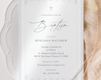 Baptism Invitation Template, Elegant Boy Baptism Invite, Blue Gold Christening Invitation, Minimal Baptism Card, Editable Canva Template