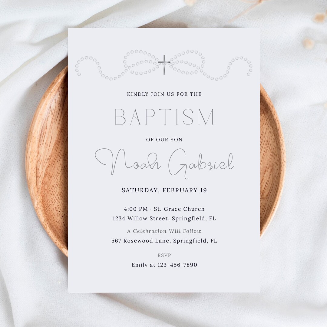 Rosary Baptism Invitation Template, Neutral Boy Baptism Invite, Minimal