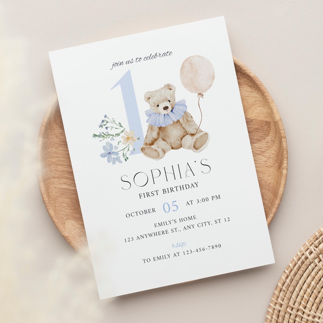 Teddy Bear First Birthday Invitation Template, Girl Boy 1st Birthday ...