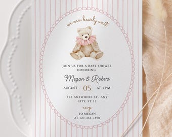 Vintage Bearly Wait Baby Shower Invitation, Pink Teddy Bear Baby Shower Invite Printable, Neutral Stripe Template