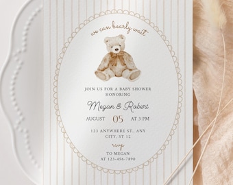 Teddy Bear Baby Shower Invitation, We Can Bearly Wait Boy Girl Invite, Vintage Gender Neutral Baby Shower Invite, Editable Canva Template