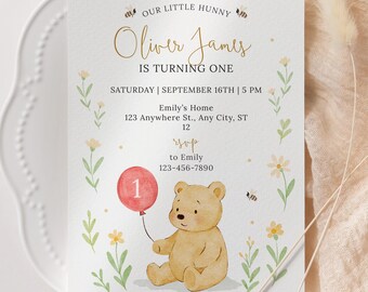 Winnie the Pooh 1st Birthday Invitation, Our Little Hunny Bear Party Invite, Classic Pooh Birthday Template, Editable Canva Invite Boy Girl