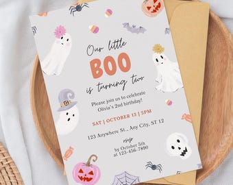 Little Boo Halloween verjaardagsuitnodiging meisje, 1e 2e verjaardag geest uitnodigen, roze paarse pompoen partij sjabloon, bewerkbare canvas uitnodiging