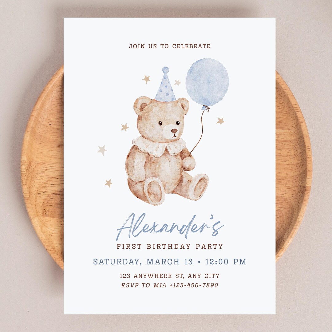 Teddy Bear First Birthday Invitation Boy, Blue Balloon Birthday Invite ...
