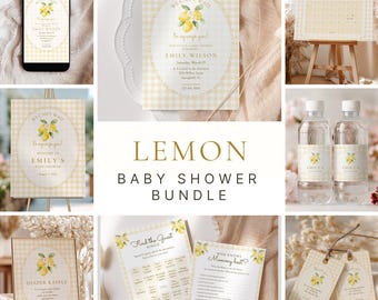 Puede incluir: Un conjunto para baby shower con temática de limones y patrón de cuadros vichy amarillo, que incluye invitaciones, cartel de bienvenida, etiquetas para botellas de agua, tarjeta de rifa de pañales, juegos de bingo y etiquetas de regalo.
