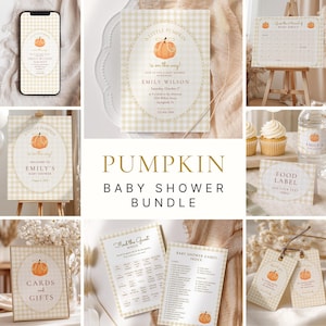 Little Pumpkin Baby Shower Bundle, Fall Baby Shower Games, Welcome Sign, Tags, Labels, Gender Neutral Editable Canva Template