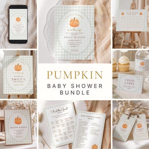 May include: A baby shower stationery bundle featuring a light grey and white gingham pattern, pumpkin illustrations, and text including A Little Pumpkin Is On The Way, Diaper Raffle, Find The Guest Bingo, and Baby Shower Games Index.