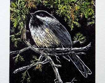 relief block engraving, chickadee, hand-coloured, unframed