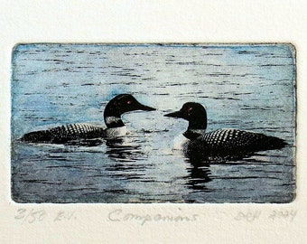 Etching, Loons, small hand-coloured unframed print on paper