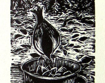 small wood block engraving, winter study, black cap chickadee, unframed