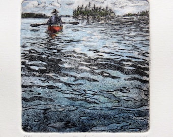 Drypoint etching, kayaking, hand coloured