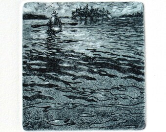 Drypoint etching, kayaking, hand-printed original