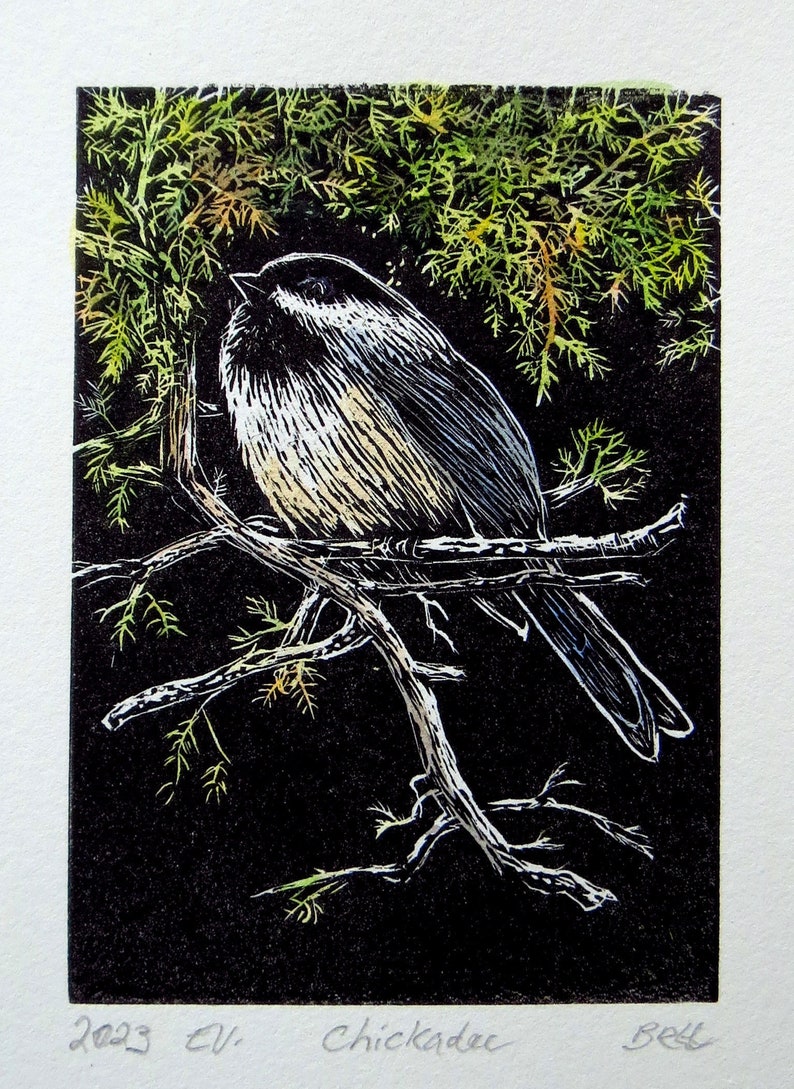 relief block engraving, chickadee, hand-coloured, unframed image 1