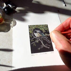 relief block engraving, chickadee, hand-coloured, unframed image 9