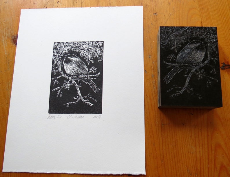 relief block engraving, chickadee, hand-coloured, unframed image 7