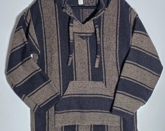 Vintage 90s Baja Jerga Hoodie Woven Charcoal Tan Striped Drug Rug Pullover Large