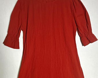 Vintage Rust Orange Shift Dress 3/4 Sleeve Ruffle Hem XL Terracotta Cottagecore