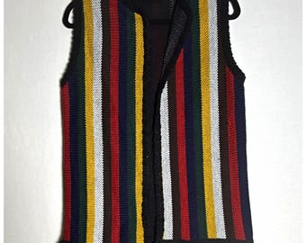 Vintage Sears Striped Knit Sweater Vest Small Fringe Hem Boho 70s Grandpacore