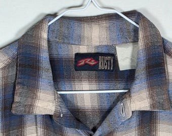 Vintage 90s Rusty Plaid Short Sleeve Button Up Flannel Shirt Mens L Surf Skate B