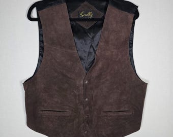 Westerncore Vintage Scully Mens L Brown Suede Leather Cowboy Vest Satin Trim