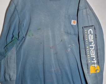 Vintage Faded Blue Carhartt Sleeve Logo Pocket Long Sleeve Tee Distressed Large