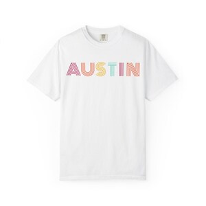 Austin Retro Rainbow Stripe T-Shirt | Vintage Typography Tee