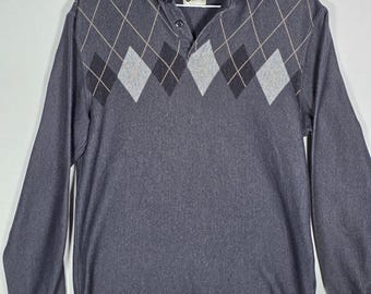 Grandpacore Haggar Grey Argyle Long Sleeve Knit Polo Sweater Mens Small Vintage